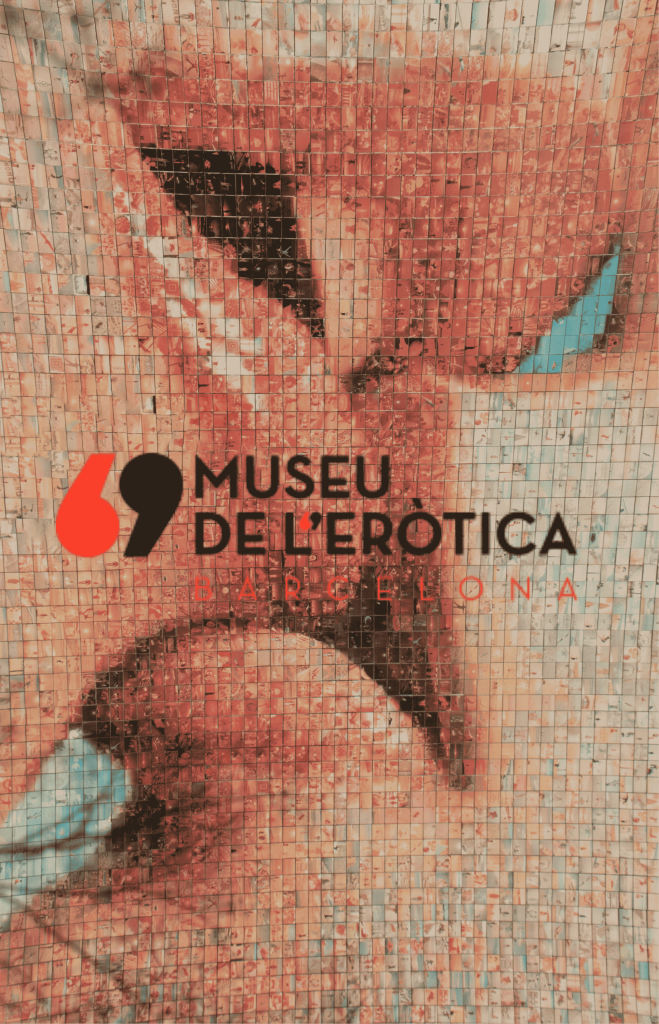 Logo du musée de l'érotisme de Barcelone, en catalan se dit "Museu de l'eròrtica - Barcelona", le fond constitue 2 bouches qui s'embrassent sensuellement